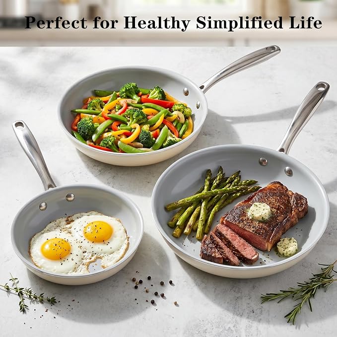 Cookware Ceramic Nonstick Frying Pans: 3Pieces Non Stick Skillet 8 9.5 11 Inches - Healthy Egg Fry Pans - Free of PTFE,PFOA,PFAS