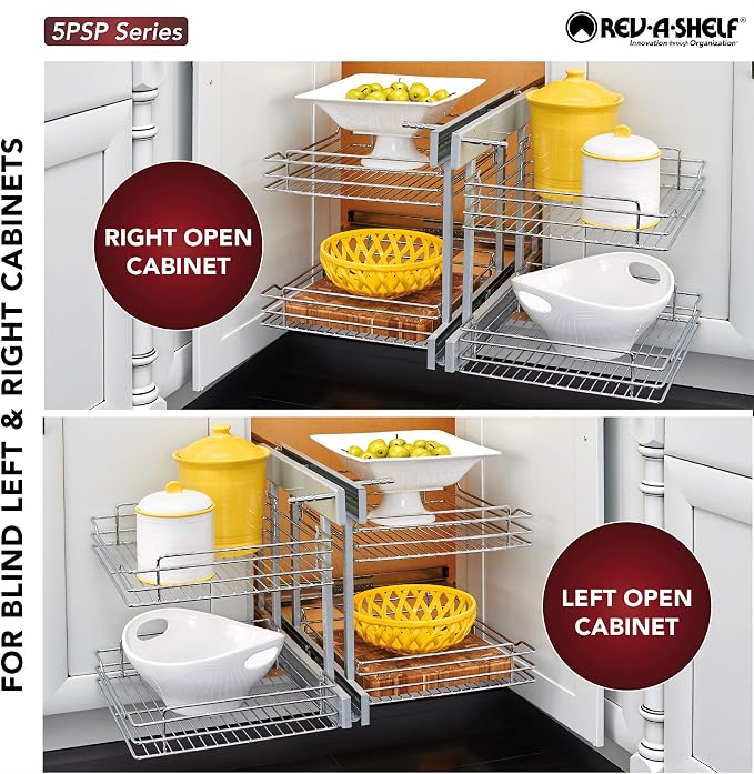 Rev-A-Shelf Chrome Two-Tier Wire Bottom Pullout Organizer for Blind Corner Base Kitchen Cabinets, Adjustable 4-Basket Storage System, Min Opening Width of 15", 5PSP-15-CR