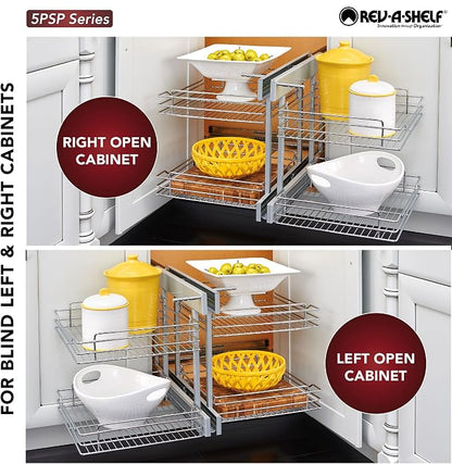 Rev-A-Shelf Chrome Two-Tier Wire Bottom Pullout Organizer for Blind Corner Base Kitchen Cabinets, Adjustable 4-Basket Storage System, Min Opening Width of 15", 5PSP-15-CR