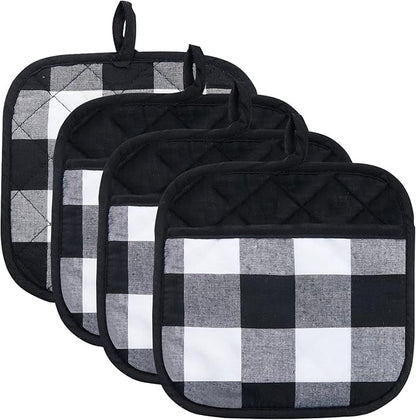 Joyhalo 4 Pack Pot Holders for Kitchen,Cotton Oven Holder with Great Heat Resistance,Non Slip Hot Pads for Kitchen Clearance,Black and White