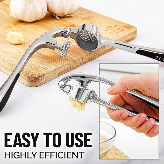 Zulay Kitchen Premium Garlic Press - Durable Garlic Masher with Soft, Easy to Squeeze Handle - Garlic Mincer Tool - Sturdy Easy to Clean Garlic Crusher (Chrome)
