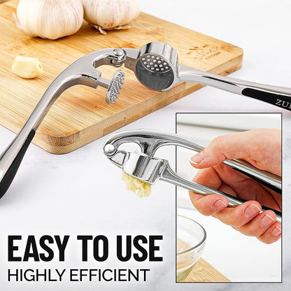 Zulay Kitchen Premium Garlic Press - Durable Garlic Masher with Soft, Easy to Squeeze Handle - Garlic Mincer Tool - Sturdy Easy to Clean Garlic Crusher (Chrome)