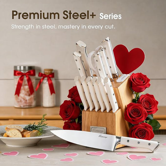 Knife Set, 15 Pcs Kitchen Knife Block Set, Enduring Ultra Sharp High Carbon German Stainless Steel Chef Knives Set with Built-In Sharpener, Full Tang Ergonomic Handle, White