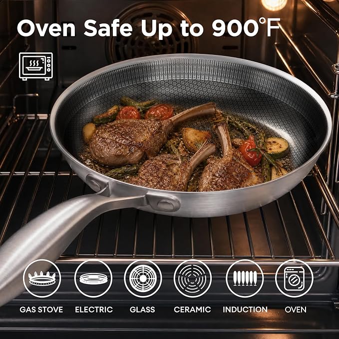 COOKER KING 10-Inch Stainless Steel Pan, Hybrid Nonstick Frying Pan – 3-Ply Clad Cookware, Healthy & Non-Toxic, Dishwasher & Oven Safe, Stay-Cool Handle, Induction Compatible – Metal Utensil Safe