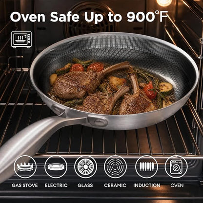 COOKER KING Stainless Steel Pans Set of 3 (8+10+12 Inch), Nonstick Induction Frying Pans,Chef's Pan,Skillets Dishwasher & Oven Safe, Stay-Cool Handles,Induction Compatible – Metal Utensil Safe