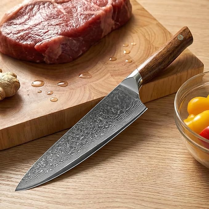 8 Inch Chef Knife – Japanese VG10 Steel Core 67-Layer Damascus, Wood Handle and Premium Gift Box, Full Tang Gyuto Knife, Fathers Day, Unique Gifts for Men & Women