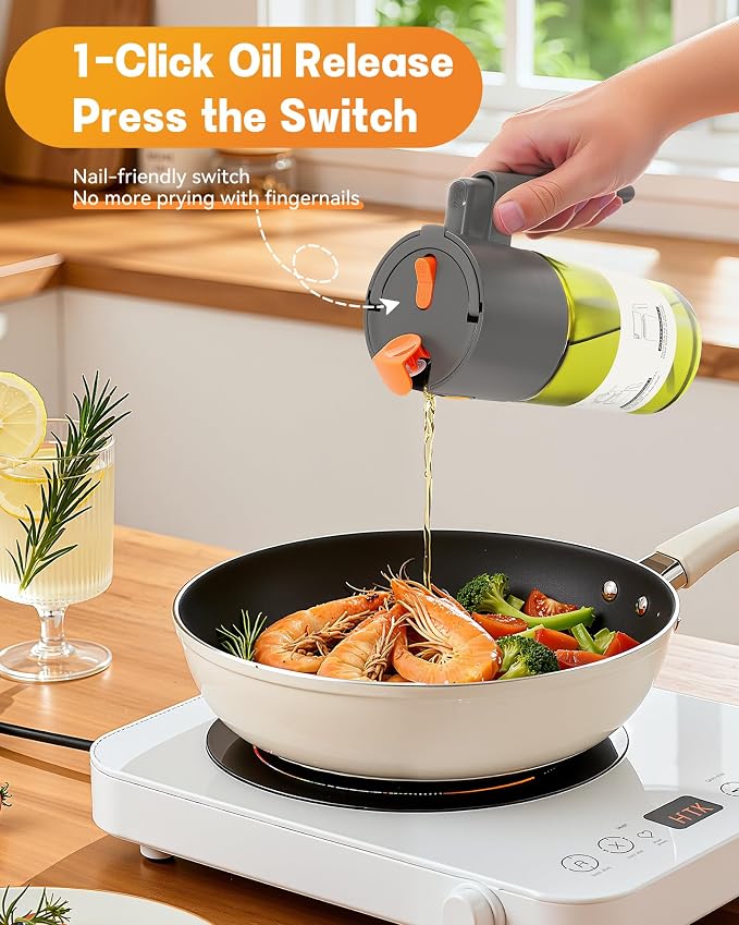OURCABECUE Upgrade 2 in 1 Oil Sprayer for Cooking, 17oz Light-Blocking Glass Olive Oil Dispenser Bottle for Kitchen,Food-Grade Oil Mister with 8 Stickers for Salad, Frying (Green Bottle-Grey Gap)