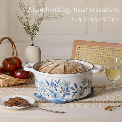 CAROTE 5 QT Cast Iron Dutch Oven Pot with Lid, Enameled Floral Dutch Ovens with Cotton Potholders & Oven Gloves, Gift Box, Cast Iron Pot for Sourdough Bread Baking, Braising, Stews, Roasting, Dual Handles, All Stovetop Compatible, Oven Safe up to 500° ...