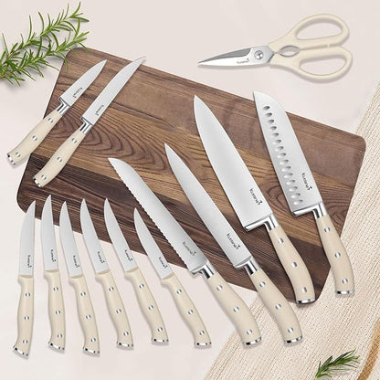 Kuisine Knife Set with Block and Sharpener, High Carbon Stainless Steel Chef Knife block Set for Kitchen（15 PCS Pro White）