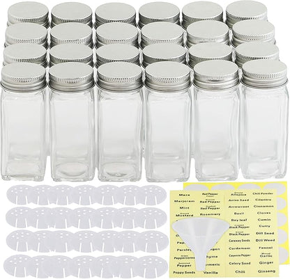 Simple Houseware Spice Jars 4 Ounce Square Glass Bottles with Shaker Lids, Funnel and Labels for Seasoning & Storage, 24 Pack