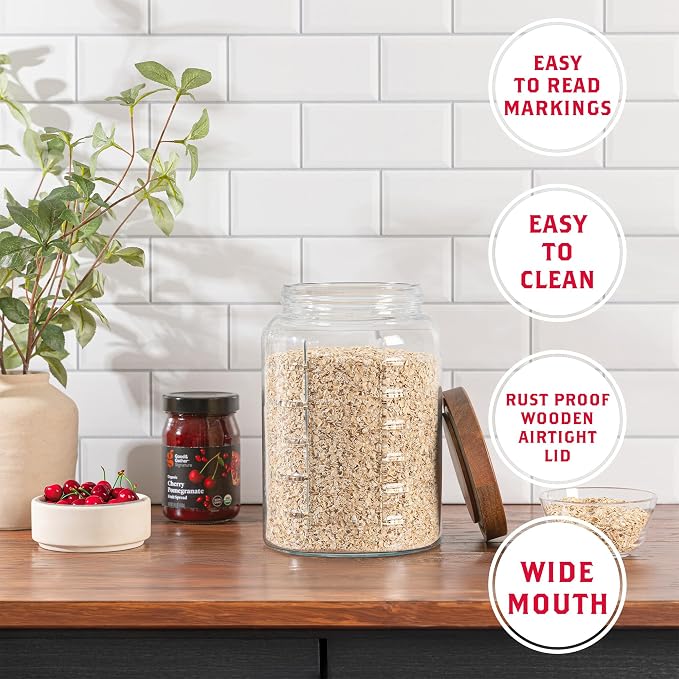 1 Gallon Glass Mason Jar with Airtight Wooden Lid, Wide Mouth Large Food Storage Container with Measurement Markings For Kitchen Pantry, Pickling, Cookies, Flour & Sugar - 2 Pack