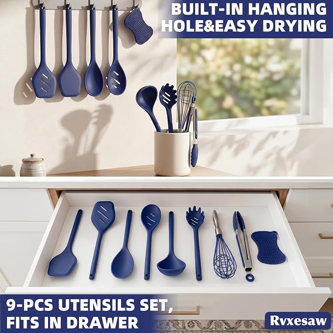 Kitchen Utensils Set,9 PCS Silicone Cooking Utensils Set Spatula Set,Non Toxic Cooking Utensils,Tongs,Spoon,Whisk,Brush,BPA Free Kitchen Gadgets for Non-Stick Cookware,Home Essential(Blue-9P)