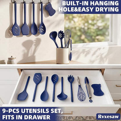 Kitchen Utensils Set,9 PCS Silicone Cooking Utensils Set Spatula Set,Non Toxic Cooking Utensils,Tongs,Spoon,Whisk,Brush,BPA Free Kitchen Gadgets for Non-Stick Cookware,Home Essential(Blue-9P)