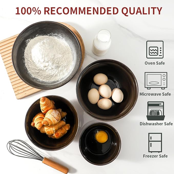 HASENSE Mixing Bowls, 2.1/1.5/1.0/0.5 Qt, Nesting Bowls for Cooking, Baking, Ceramic Serving Dishes Set of 4 for Salad, Fruits, Popcorn, Thanksgiving Christmas Gift, Dishwasher & Microwave Safe, Red