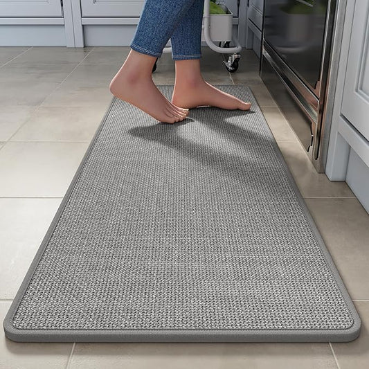 YDKGL Kitchen Rugs Mat Non Slip Washable, Linen-Look 0.3" Thick Soft Cushioned Absorbent Kitchen Mats for Floor, Mild Anti-Fatigue Runner Rug Sink Mat Laundry Standing Mats, Easy Clean, Gray 17"x47"