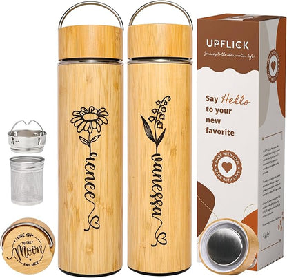 Custom Name Tea Infuser Bottle Bamboo Water Bottles Tea Tumbler with Infuser Minimalist Style Birth Month Flower
