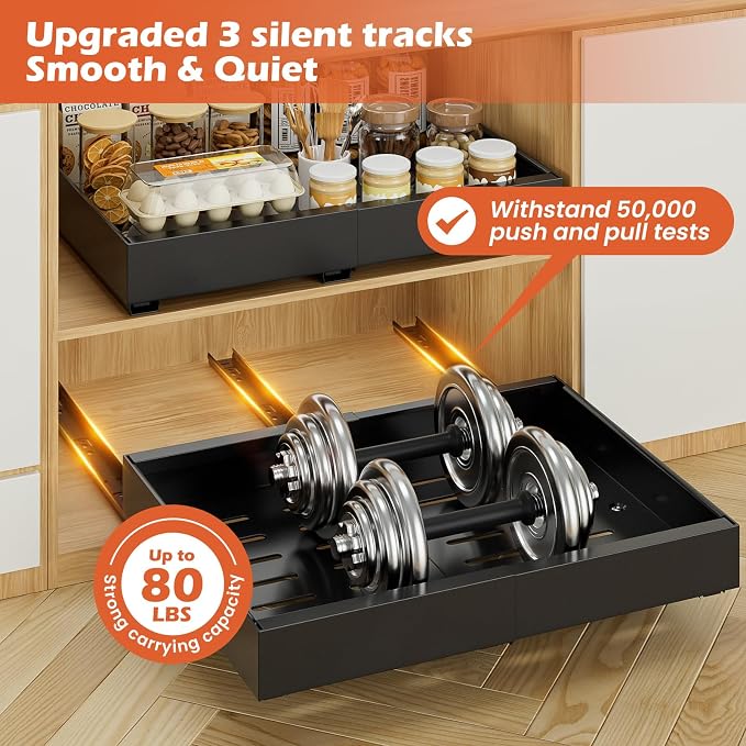 lockincar 2Pack Expandable Pull Out Cabinet Organizer 21" Deep, Adjustable Width 12.2"-20.4" Slide Out Drawers & Roll Out Shelves for Kitchen Cabinets, Easy Install with Double-Sided Adhesive, Black
