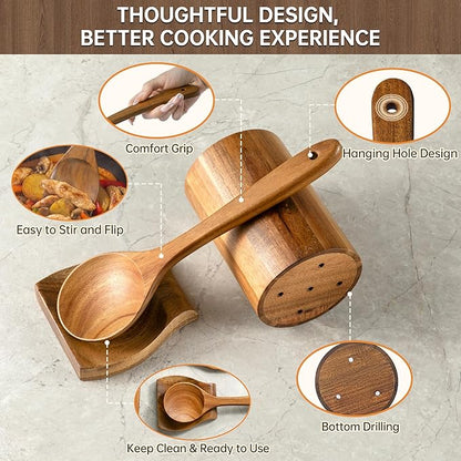 Wooden Utensil Set 8 PCS - Natural Non-Toxic Acacia Wooden Spoons for Cooking, Nonstick, Sturdy,Easy to Clean, Wood Kitchen Utensils Set with Holder, Spoon Rest, Ideal for Gifting