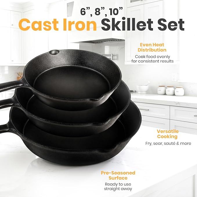 Utopia Kitchen Premium Cast iron Skillets 3 Piece Set, Chef's Pan, Pre Seasoned Frying Pan, 6, 8 & 10 Inches, PFAS-Free, Stovetop, Campfire & Grill Large Skillet, Even Heat Distribution Cast Iron Pan