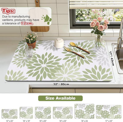 Findosom Floral Dish Drying Mat, 17" x 32" Super Absorbent & Hide Stain Coffee Mat, Cuttable Drying Mat for Kitchen Counter, Under Dish Rack, Coffee Maker, Espresso Machine, Sage Green