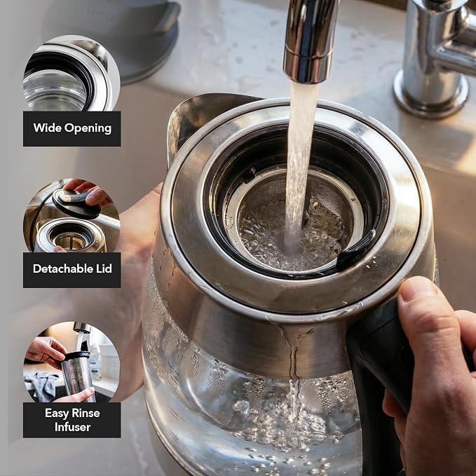 OVENTE Electric Tea Kettle with Temperature Control and Removable Tea Infuser, 1500W Water Boiler and Heater with 1.8L Borosilicate Glass, BPA Free, Auto Shut Off & Boil Dry Protection, Silver KG6610S