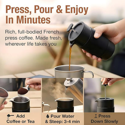 Travel French Press Coffee Maker Set - 12 oz | Portable Travel French Press Coffee Maker | Double Wall Insulated with Dual Stainless Filters & 2 Steel Canisters for Grounds, Tea, Creamer & Sugar
