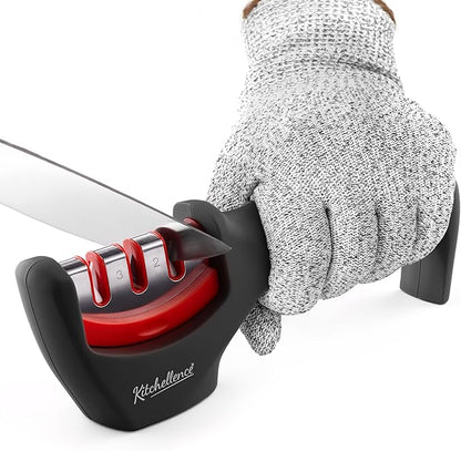 4-in-1 Kitchen Knife Accessories: 3-Stage Knife Sharpener Helps Repair, Restore and Polish Blades and Cut-Resistant Glove