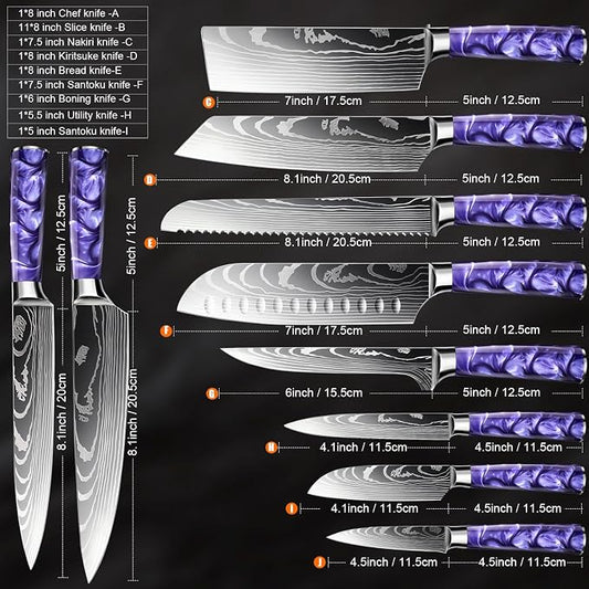 5-Piece Premium Japanese Kitchen Knife Set - Star Collection, Laser Damascus Pattern, 440A Stainless Steel Ultra Sharp for Fast Cutting (Purple 5A)