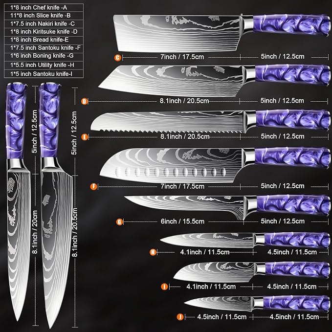10-Piece Premium Japanese Kitchen Knife Set - Star Collection, Laser Damascus Pattern, 440A Stainless Steel Ultra Sharp for Fast Cutting (Purple)