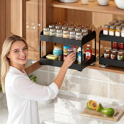 Across-Star Expandable Pull Out Drawers For Shallow Cabinets, 2-Tier Slide Out No Drill Adhesive Kitchen Cabinet Organzier, Adjustable Roll Out Sliding Shelf For Short Upper Cabinet Pantry