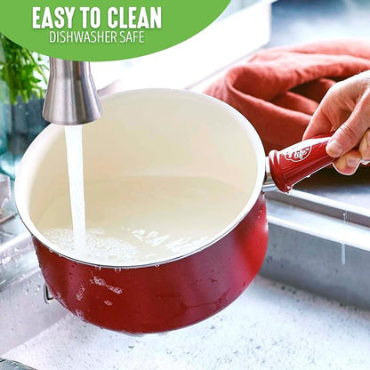 GreenLife Soft Grip 1QT and 2QT Saucepan Set, Healthy Ceramic Nonstick, Non Toxic PFAS & PFOA-Free, Dishwasher Safe, Glass Lids, Stay-Cool Handles, Easy Clean Cookware, Kitchen Essentials, Red