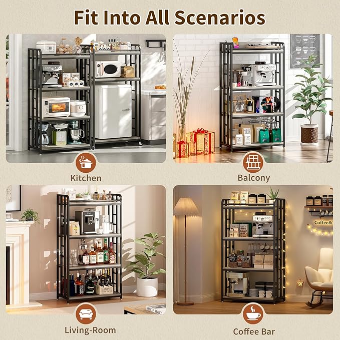 METYERRY Adjustable 4-Tier Heavy Duty Kitchen Baker's Rack with Power Outlet, with Industrial Wheels, Free Standing Microwave Oven Cart Stand for Storage in Living Room, Garage, Greige