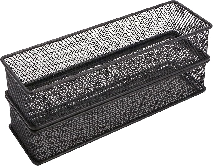 Annova Mesh Stackable Drawer Cabinet and Shelf Organizer Bins Storage Basket School Office Supply Holder Tray- Set of 2 (Black, 3x9x2 Inch)