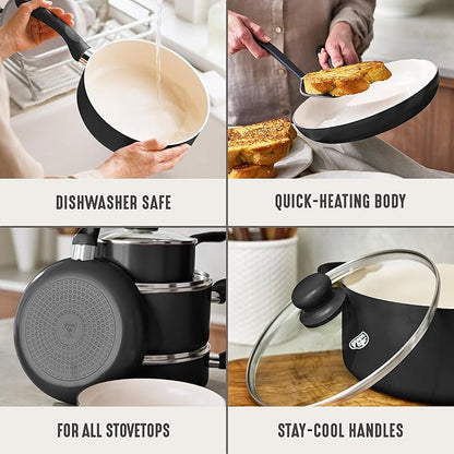 GreenLife 16-Piece Nonstick Cookware Set, Non-Toxic Ceramic Pots and Pans Set, Durable Healthy Kitchen Essentials, Fast Heating, Induction Ready, Easy Clean Dishwasher Safe, PFAS-Free, Graphite Black