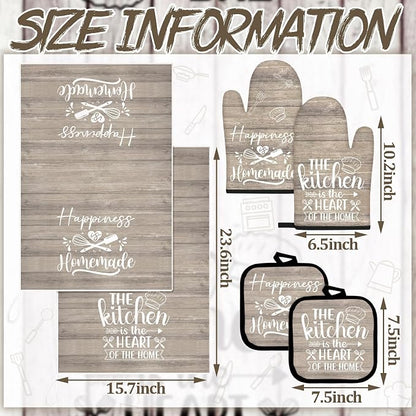 Sratte 6 Pcs Kitchen Decor Accessories Set Farmhouse Towels Pot Holders Oven Mitts Set 2 Dish Towels 2 Potholders 2 Cooking Mittens Oven Glove for Christmas Baking Cooking(Brown Wood Grain)