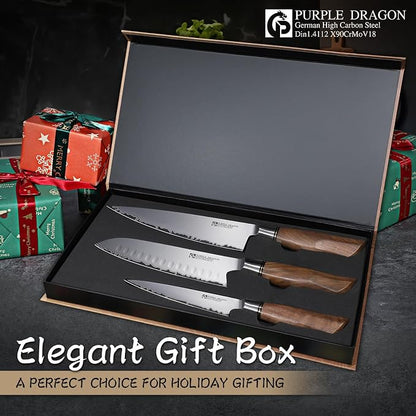 Purple Dragon Knife Set, 3Pcs Kitchen Knives Set, German VG10 Steel Japanese Chef Knives 7.8 Inch Santoku Knife 7 Inch Utility Knife 5.1 In, Razor-Sharp Knives Christmas Gift for Men and Women