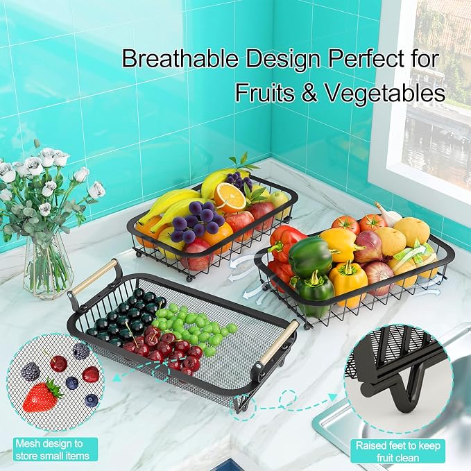 3 Tier Fruit Basket Bowl with 2 Banana Hangers for Kitchen Counter, Vegetable Countertop Produce Storage Holder, Large Capacity Metal Wire Fruits Stand Organizer for Onion Potato Bread Snack, Black