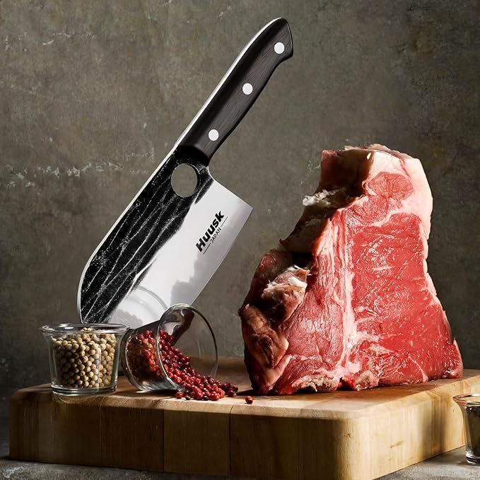 Huusk Serbian Chef Knife Hand Forged Meat Cleaver with Sheath High Carbon Steel Full Tang Knife Heavy Duty Butcher Knife for Kitchen or Camping Outdoor Christmas Gift for Men and Women