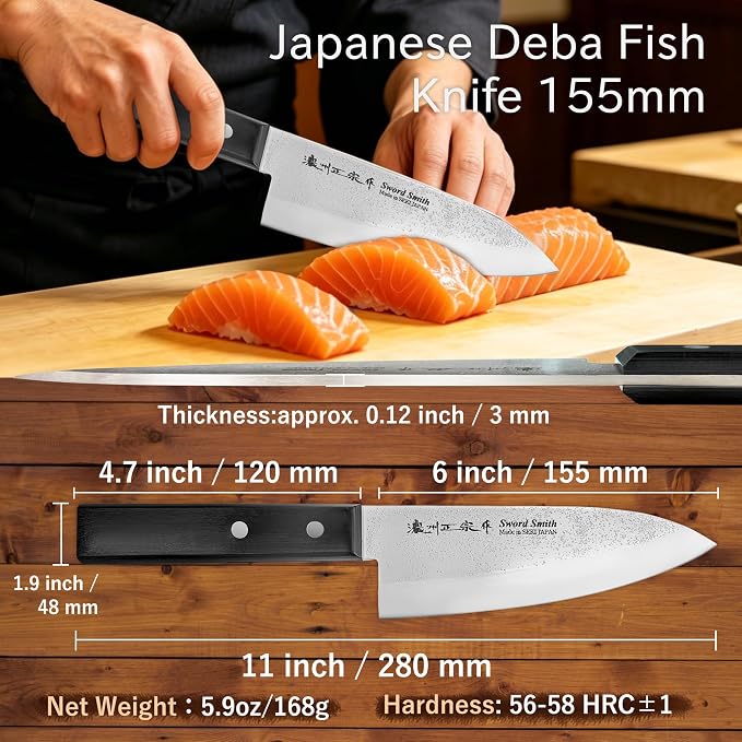 6 Inch Deba Knife, Made in Japan, Right-Handed Single Bevel Fish Butcher Knife, High Carbon Stainless Steel with Nashiji Finish, Pakkawood Handle for Fish Filleting & Butchering