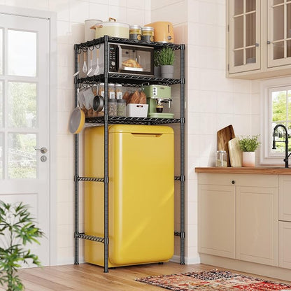 REIBII 3-Tier Mini Fridge Shelf with Storage, 264LBS Metal Shelving with 8 Hooks, Adjustable Height Organizer for Dorm, Kitchen, Apartment & Office, Microwave Rack, 26.38" Wx18.1 Dx65.36 H, Black