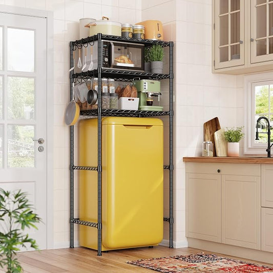 REIBII 3-Tier Mini Fridge Shelf with Storage, 264LBS Metal Shelving with 8 Hooks, Adjustable Height Organizer for Dorm, Kitchen, Apartment & Office, Microwave Rack, 26.38" Wx18.1 Dx65.36 H, Black