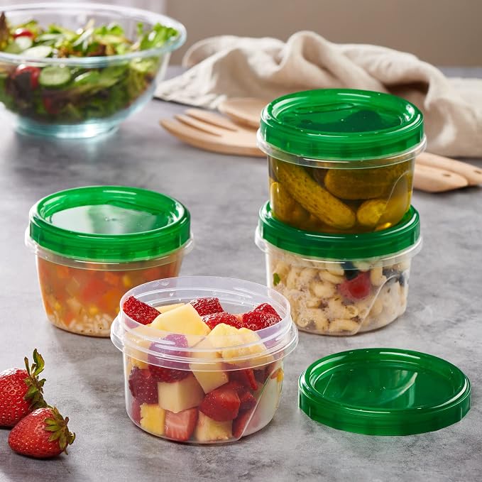 PLASTICPRO 6 Pack Twist Cap Food Storage Containers with Green Screw on Lid- 16 oz Reusable Meal Prep Containers - Freezer and Microwave Safe Green Plastic Food Storage