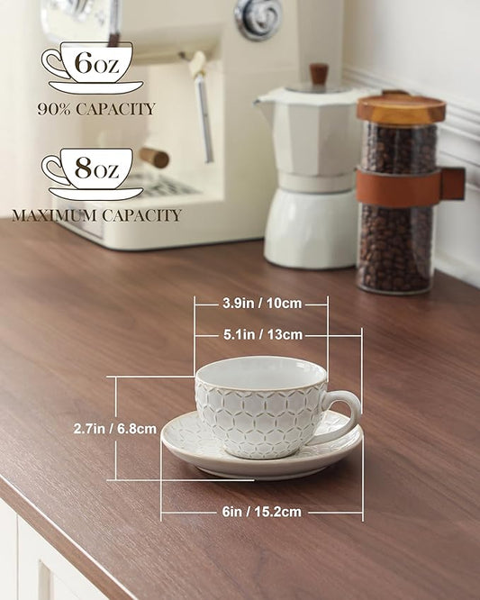 MALACASA 8 OZ Cappuccino Cups with Saucers Set of 4 - Ceramic Stackable Tea Cups and Saucers, Embossment Coffee Mugs for Tea, Latte and Mocha, Dishwasher Safe, Arctic white, LYDIA Series