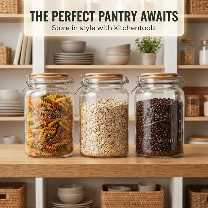 kitchentoolz 1 Gallon Mason Jars Wide Mouth with Airtight Bamboo Lid – 1 Gallon Glass Jar with Lid – Large Mason Jars with Lids for Kitchen Pantry, Storage, and Canning