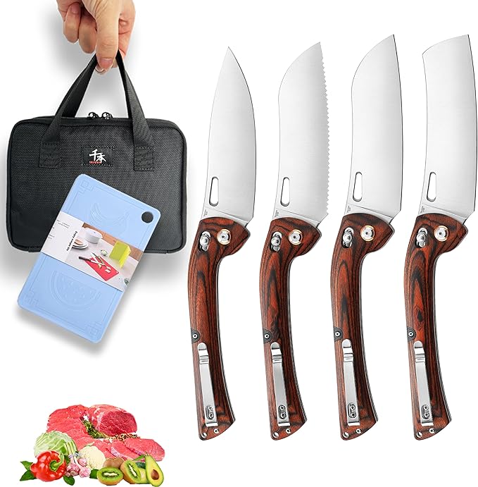 SENBON 440 Stainless Steel Super Sharp Pocket Folding Chef Knife Peeling Fruit Knife Colorful Wood Handle Camping Set