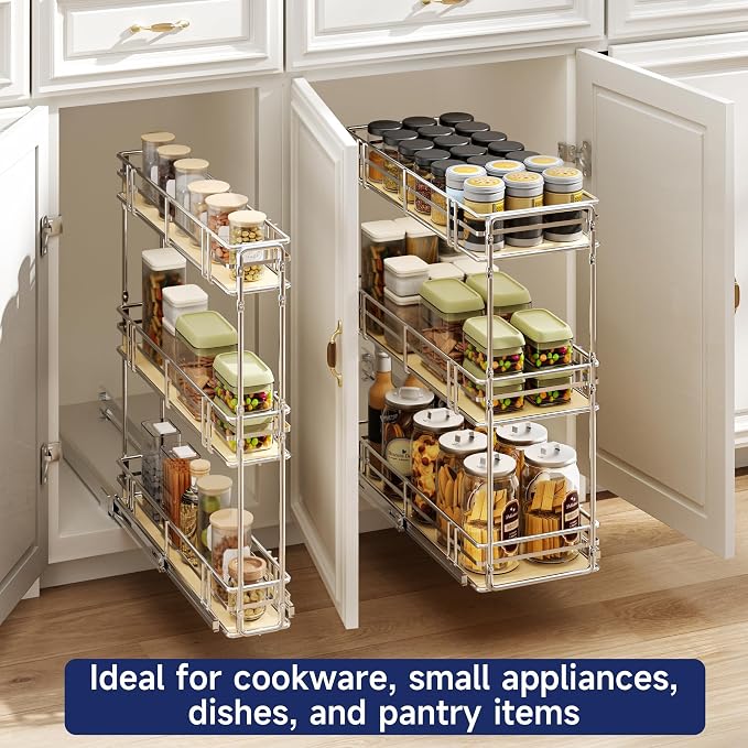 7" W x 20.5" D 3-Tier Pull Out Spice Rack Organizer, Solid Wood Base Slide Out Cabinet Shelf for Narrow Kitchen Cabinets, Chrome Pantry Storage