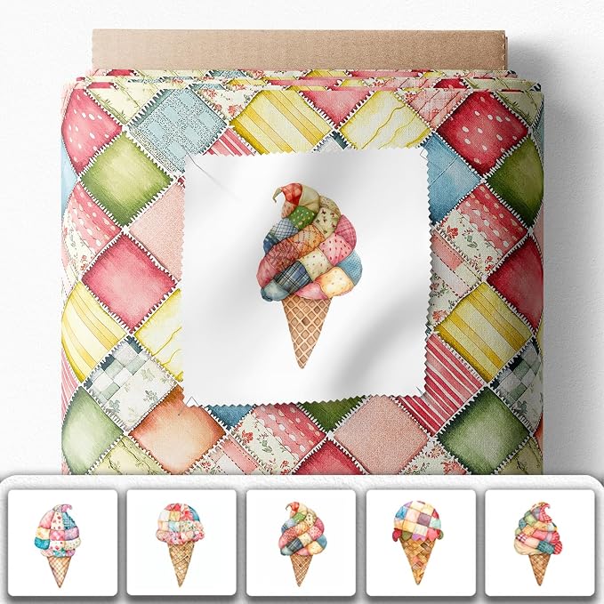 Patchwork Ice Cream Cotton Fabric Panel – 6 Designs (10×10 inch Each) + Bonus Sheet 29.5×19.6 inch, 100% Cotton 140 GSM, Made in Türkiye