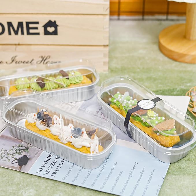 Mini loaf pans with lids Rectangle Aluminum Foil Cake Tins Baking Pans for Wedding Birthday Party 6.8oz, Graduation Gifts Party Favors(Silver, 50Pack)