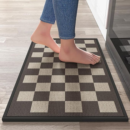 YDKGL Kitchen Mats for Floor, Super Absorbent Kitchen Rugs Non Slip Washable, Linen-Look Woven Cushion Kitchen Runner Rug, Kitchen Sink Standing Mat, Black Beige Checkered 17"x30"