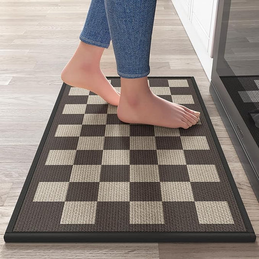 YDKGL Kitchen Mats for Floor, Super Absorbent Kitchen Rugs Non Slip Washable, Linen-Look Woven Cushion Kitchen Runner Rug, Kitchen Sink Standing Mat, Black Beige Checkered 17"x30"